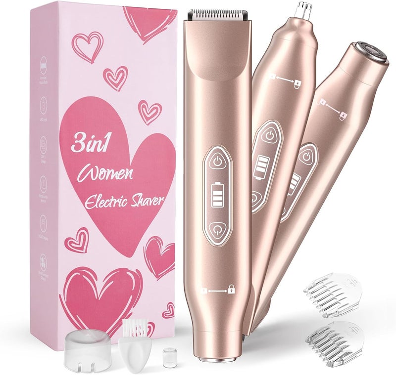 IHOWIN Bikini Trimmer for Women，3 in 1 Electric Razor with Ceramic Blades, IPX7 Waterproof, USB Rechargeable, Painless Hair Removal for Face，Body，Bikini Area, Travel Grooming Kit (Rose Gold) - Image 1